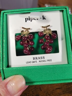 Piper k. purple Beaded Grape Cluster Stud Earrings with brass Leaves